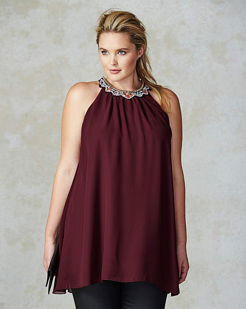 Ax Paris Jewel Neck Tunic - neckline: round neck; pattern: plain; sleeve style: sleeveless; length: below the bottom; style: tunic; predominant colour: burgundy; occasions: evening; fit: loose; sleeve length: sleeveless; pattern type: fabric; texture group: jersey - stretchy/drapey; embellishment: jewels/stone; season: a/w 2015