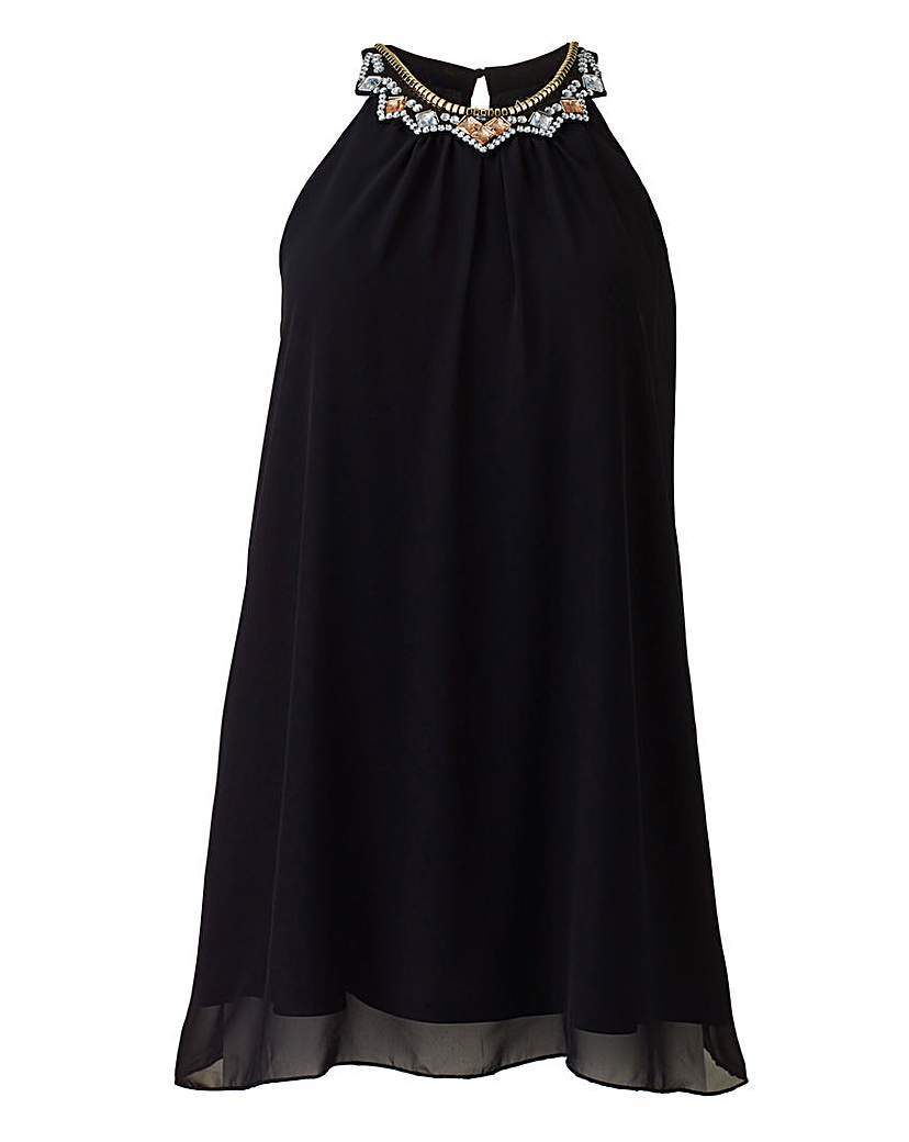 Ax Paris Jewel Neck Tunic - pattern: plain; sleeve style: sleeveless; length: below the bottom; style: tunic; secondary colour: silver; predominant colour: black; occasions: evening; fibres: polyester/polyamide - 100%; fit: loose; neckline: crew; back detail: keyhole/peephole detail at back; sleeve length: sleeveless; texture group: sheer fabrics/chiffon/organza etc.; pattern type: fabric; embellishment: jewels/stone; season: a/w 2015