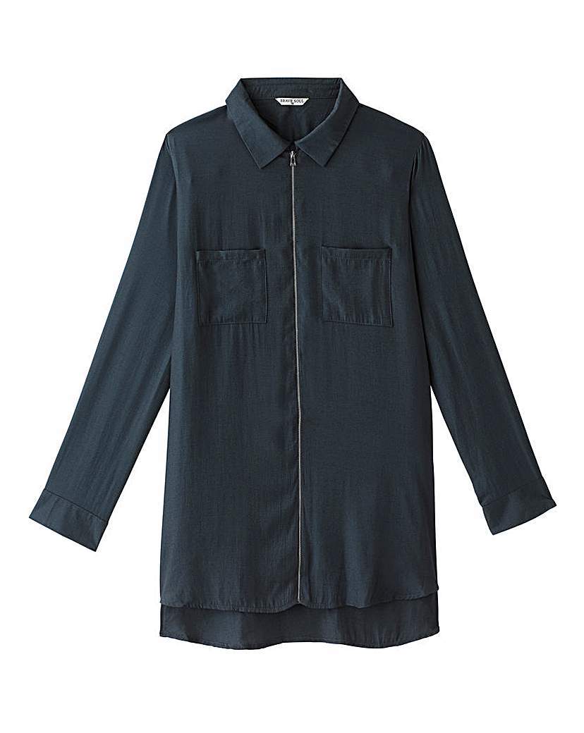 Brave Soul Zip Blouse - neckline: shirt collar/peter pan/zip with opening; pattern: plain; style: blouse; predominant colour: dark green; occasions: casual; fibres: polyester/polyamide - mix; fit: straight cut; length: mid thigh; sleeve length: long sleeve; sleeve style: standard; pattern type: fabric; texture group: other - light to midweight; embellishment: zips; season: a/w 2015