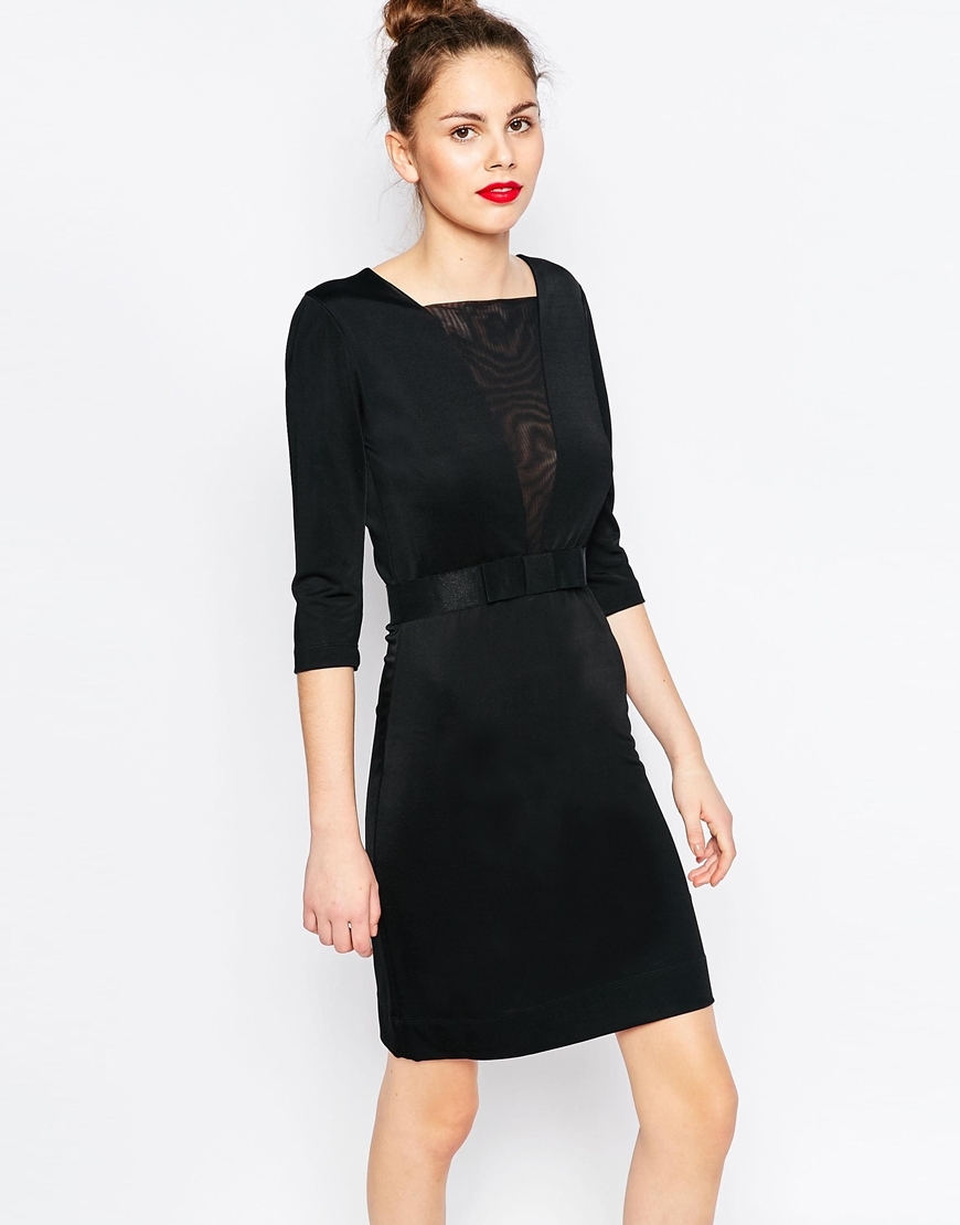 Dress With Bow Waist Black - style: shift; pattern: plain; bust detail: sheer at bust; predominant colour: black; occasions: evening; length: just above the knee; fit: body skimming; fibres: viscose/rayon - stretch; sleeve length: 3/4 length; sleeve style: standard; neckline: medium square neck; pattern type: fabric; texture group: jersey - stretchy/drapey; embellishment: lace; season: a/w 2015