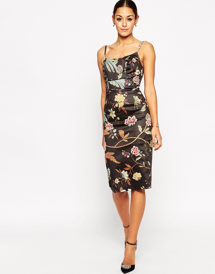 Hitchcock Midi Pencil Dress In Bird Print Multi - sleeve style: spaghetti straps; fit: tight; pattern: plain; back detail: low cut/open back; secondary colour: primrose yellow; predominant colour: black; occasions: evening; length: on the knee; style: slip dress; fibres: cotton - stretch; sleeve length: sleeveless; texture group: structured shiny - satin/tafetta/silk etc.; neckline: low square neck; pattern type: fabric; embellishment: embroidered; season: a/w 2015