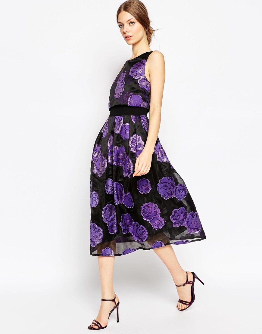Metallic Flower Organza Crop Top Midi Prom Dress Purple - length: below the knee; neckline: round neck; sleeve style: standard vest straps/shoulder straps; fit: fitted at waist; style: prom dress; waist detail: fitted waist; back detail: low cut/open back; predominant colour: purple; secondary colour: black; occasions: evening, occasion; fibres: polyester/polyamide - mix; hip detail: soft pleats at hip/draping at hip/flared at hip; sleeve length: sleeveless; texture group: sheer fabrics/chiffon/organza etc.; pattern type: fabric; pattern size: big & busy; pattern: florals; season: a/w 2015