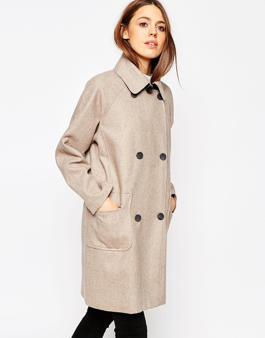 Coat In Cocoon Fit In Bonded Cloth Oatmeal - pattern: plain; style: double breasted; length: mid thigh; predominant colour: stone; occasions: casual, creative work; fit: straight cut (boxy); fibres: wool - mix; collar: shirt collar/peter pan/zip with opening; hip detail: added detail/embellishment at hip; sleeve length: long sleeve; sleeve style: standard; collar break: high; pattern type: fabric; texture group: woven bulky/heavy; season: a/w 2015