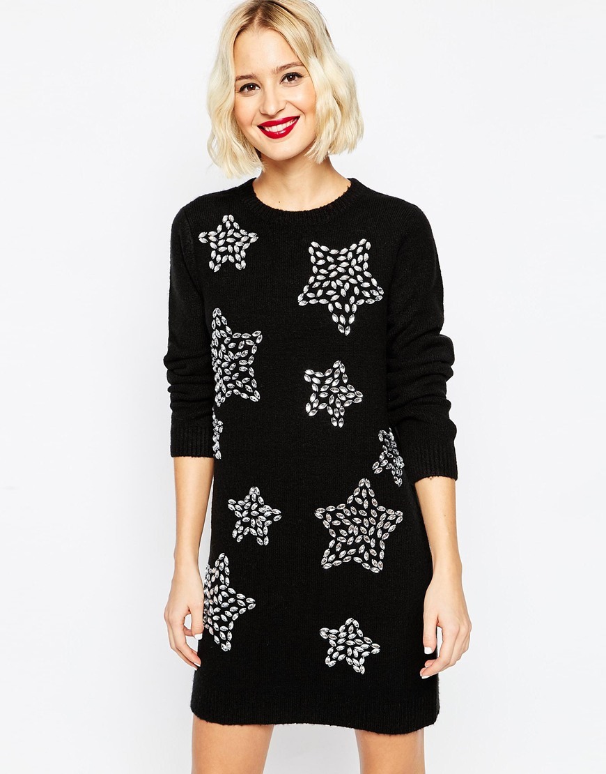 Christmas Jumper Dress With Embellished Stars Black - style: jumper dress; length: mid thigh; secondary colour: silver; predominant colour: black; occasions: casual, creative work; fit: body skimming; fibres: cotton - mix; neckline: crew; sleeve length: long sleeve; sleeve style: standard; texture group: knits/crochet; pattern type: knitted - fine stitch; pattern size: standard; pattern: patterned/print; embellishment: embroidered; trends: christmas jumpers; season: a/w 2015