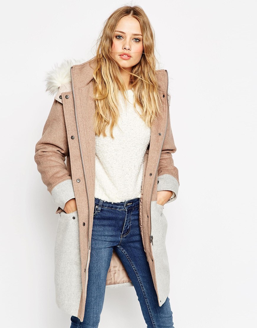 Parka In Colour Block Wool Grey/Camel - pattern: plain; collar: funnel; fit: loose; style: parka; back detail: hood; length: mid thigh; predominant colour: nude; occasions: casual, creative work; fibres: polyester/polyamide - mix; sleeve length: long sleeve; sleeve style: standard; collar break: high; pattern type: fabric; texture group: woven bulky/heavy; embellishment: fur; season: a/w 2015