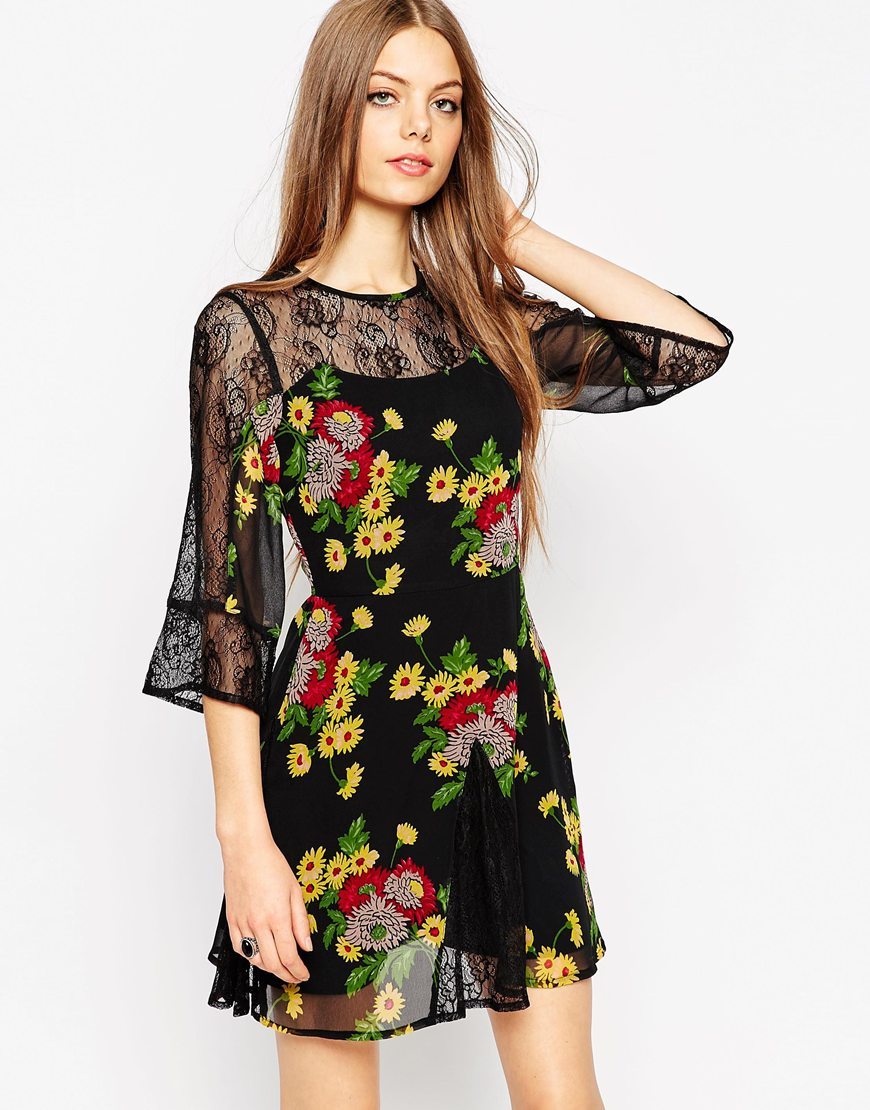 Skater Dress With Lace Insert With Floral Print Multi - length: mini; neckline: round neck; sleeve style: angel/waterfall; secondary colour: emerald green; predominant colour: black; occasions: evening; fit: fitted at waist & bust; style: fit & flare; fibres: polyester/polyamide - 100%; hip detail: soft pleats at hip/draping at hip/flared at hip; sleeve length: 3/4 length; texture group: lace; pattern type: fabric; pattern: patterned/print; embellishment: embroidered; shoulder detail: sheer at shoulder; multicoloured: multicoloured; season: a/w 2015