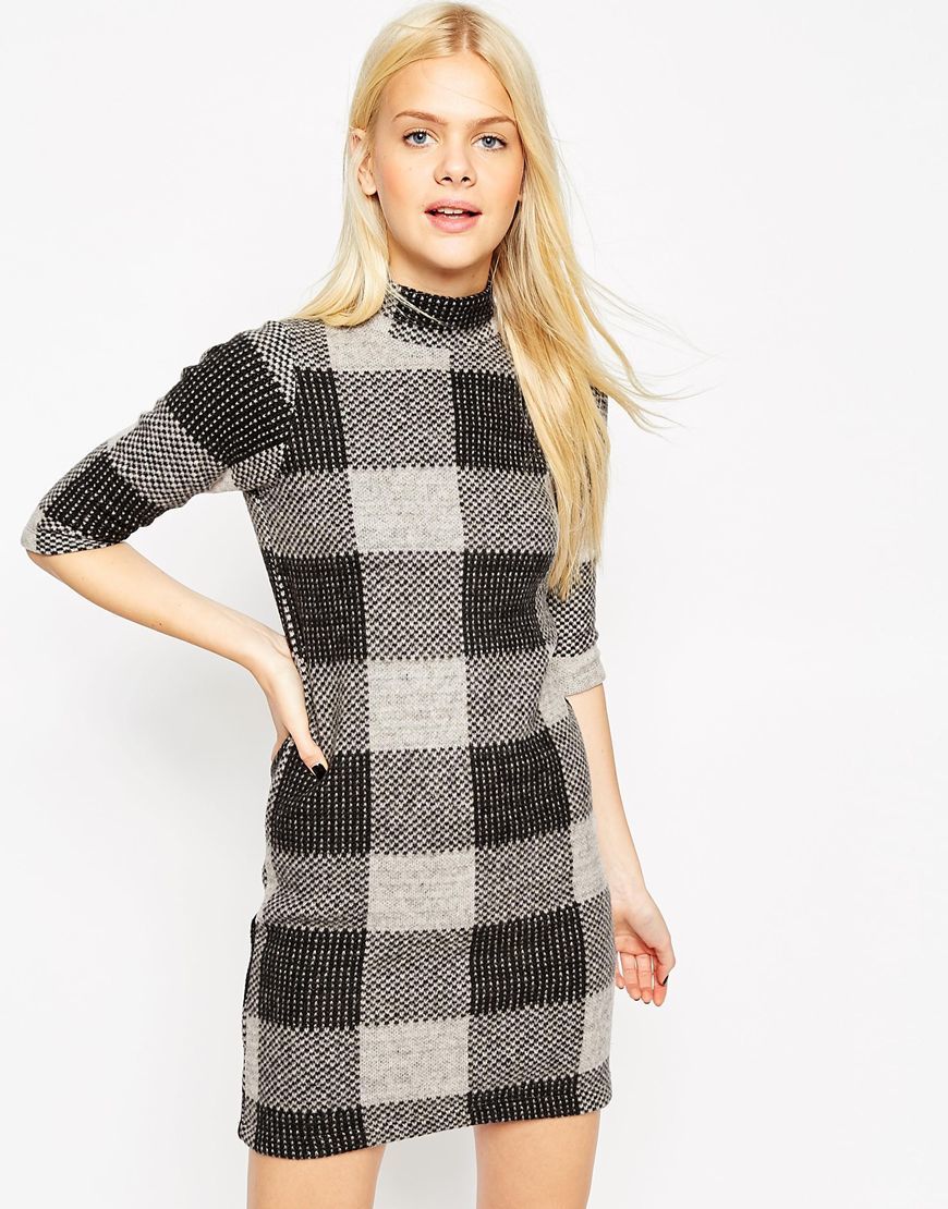 Shift Dress In Brushed Check Multi - style: shift; length: mini; neckline: high neck; pattern: checked/gingham; secondary colour: white; predominant colour: charcoal; occasions: casual; fit: body skimming; fibres: wool - mix; sleeve length: 3/4 length; sleeve style: standard; pattern type: fabric; texture group: jersey - stretchy/drapey; multicoloured: multicoloured; season: a/w 2015