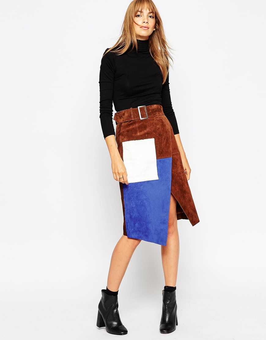 Suede Wrap Pencil Skirt In Colour Block Brown - length: below the knee; style: wrap/faux wrap; waist: high rise; waist detail: belted waist/tie at waist/drawstring; secondary colour: diva blue; predominant colour: tan; occasions: casual, creative work; fibres: leather - 100%; hip detail: slits at hip; fit: straight cut; pattern type: fabric; pattern: colourblock; texture group: suede; pattern size: big & busy (bottom); multicoloured: multicoloured; season: a/w 2015