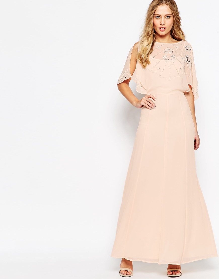 Embellished Flutter Sleeve Maxi Dress Nude - neckline: slash/boat neckline; sleeve style: angel/waterfall; fit: fitted at waist; pattern: plain; style: maxi dress; predominant colour: blush; secondary colour: silver; occasions: evening; length: floor length; fibres: polyester/polyamide - 100%; sleeve length: half sleeve; texture group: sheer fabrics/chiffon/organza etc.; pattern type: fabric; embellishment: crystals/glass; season: a/w 2015