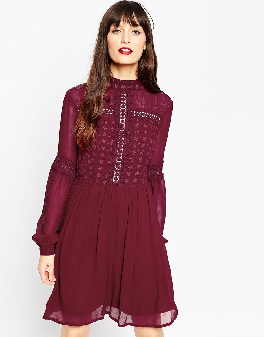 Victoriana Skater Dress Dark Red - style: shift; pattern: plain; predominant colour: burgundy; occasions: evening, occasion; length: just above the knee; fit: soft a-line; fibres: polyester/polyamide - 100%; neckline: crew; sleeve length: long sleeve; sleeve style: standard; texture group: sheer fabrics/chiffon/organza etc.; pattern type: fabric; season: a/w 2015