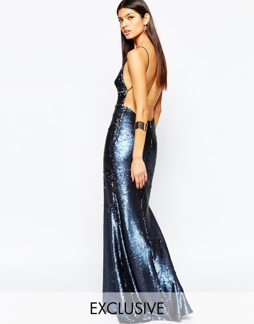 Showstopper Open Back Sequin Maxi Dress With Fishtail Petrol Blue/Silver - neckline: plunge; sleeve style: spaghetti straps; pattern: plain; style: maxi dress; back detail: low cut/open back; predominant colour: navy; occasions: evening; length: floor length; fit: body skimming; fibres: polyester/polyamide - 100%; sleeve length: sleeveless; pattern type: fabric; texture group: other - light to midweight; embellishment: sequins; season: a/w 2015