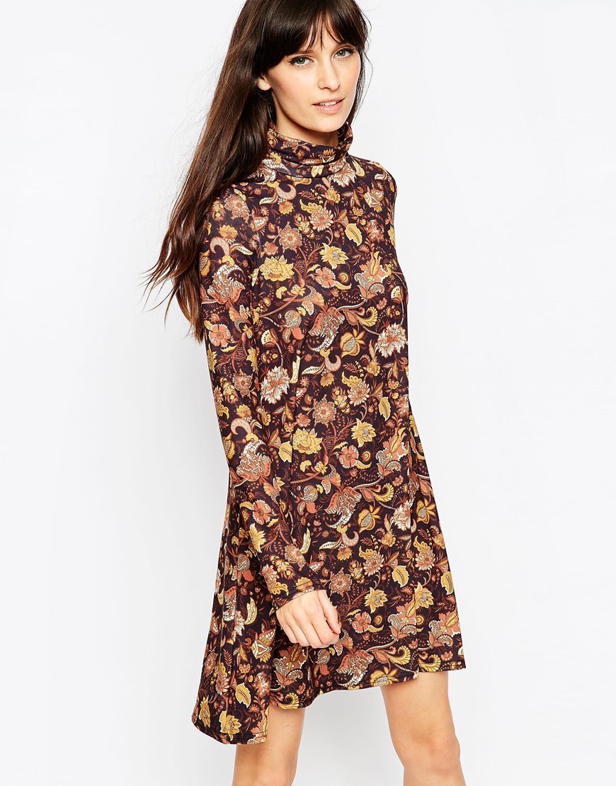 Polo Neck Dress In Paisley Print Multi - pattern: paisley; neckline: roll neck; secondary colour: blush; predominant colour: tan; occasions: casual; length: just above the knee; fit: fitted at waist & bust; style: fit & flare; fibres: polyester/polyamide - stretch; sleeve length: long sleeve; sleeve style: standard; pattern type: fabric; texture group: jersey - stretchy/drapey; multicoloured: multicoloured; season: a/w 2015