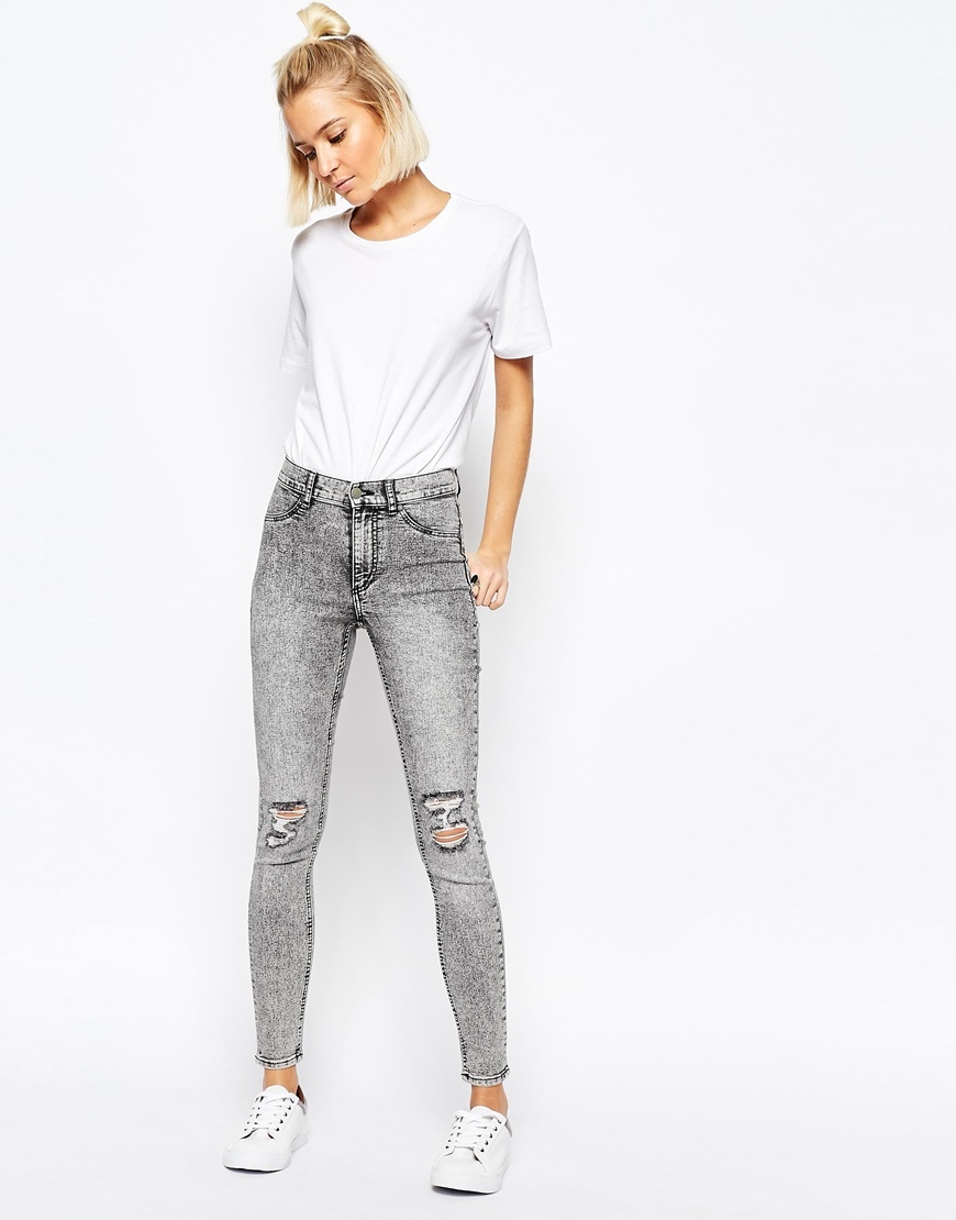 High Spray Destroyed High Waist Superskinny Jeans Grey - style: skinny leg; length: standard; pattern: plain; waist: high rise; pocket detail: traditional 5 pocket; predominant colour: mid grey; occasions: casual; fibres: cotton - stretch; texture group: denim; pattern type: fabric; jeans detail: rips; season: a/w 2015