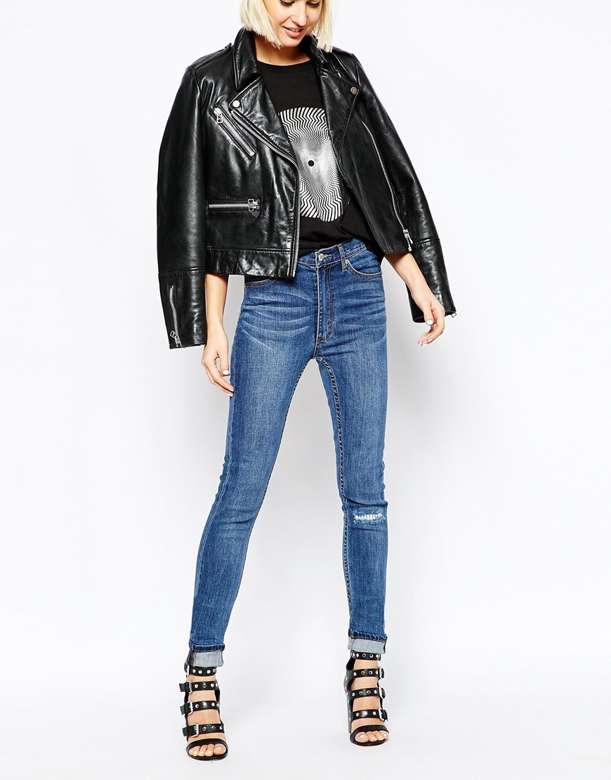 Second Skin High Waist Skinny Jeans With Ripped Knees Blue - style: skinny leg; pattern: plain; waist: high rise; pocket detail: traditional 5 pocket; predominant colour: royal blue; secondary colour: pale blue; occasions: casual; length: ankle length; fibres: cotton - stretch; jeans detail: whiskering, shading down centre of thigh, rips; texture group: denim; pattern type: fabric; season: a/w 2015