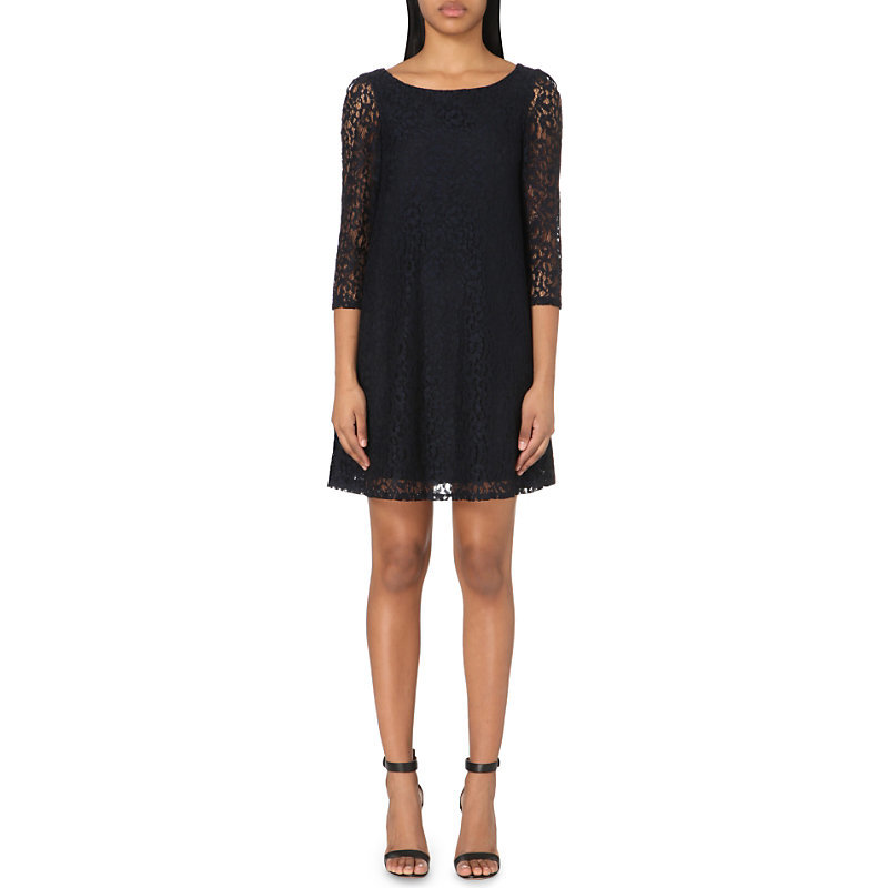 Rififi Lace Dress, Women's, Blue - style: shift; neckline: round neck; predominant colour: navy; occasions: evening; length: just above the knee; fit: soft a-line; fibres: nylon - mix; sleeve length: 3/4 length; sleeve style: standard; texture group: lace; pattern type: fabric; pattern size: standard; pattern: patterned/print; season: a/w 2015