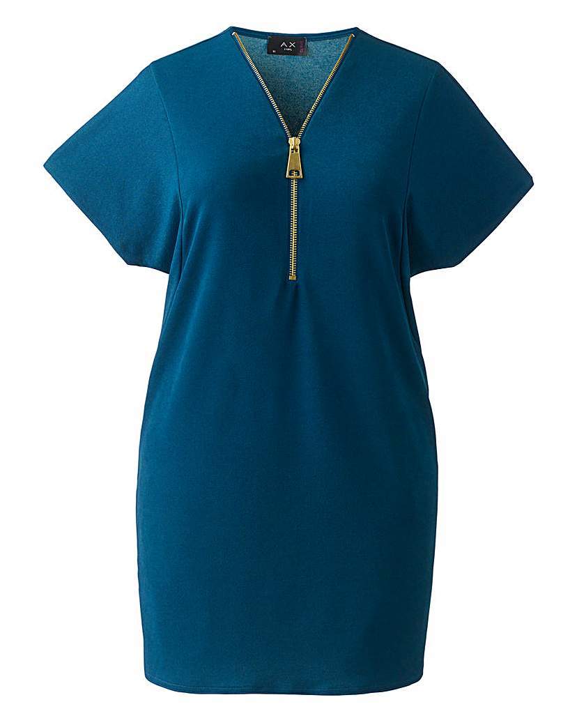 Ax Paris Zip Front Blouse - neckline: v-neck; pattern: plain; length: below the bottom; predominant colour: diva blue; occasions: casual, creative work; style: top; fit: body skimming; sleeve length: short sleeve; sleeve style: standard; pattern type: fabric; texture group: jersey - stretchy/drapey; embellishment: zips; season: a/w 2015