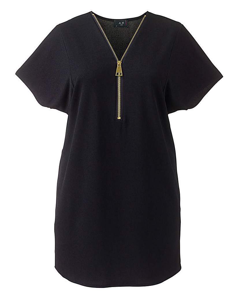 Ax Paris Zip Front Blouse - neckline: v-neck; pattern: plain; length: below the bottom; style: blouse; bust detail: ruching/gathering/draping/layers/pintuck pleats at bust; predominant colour: black; occasions: casual, creative work; fit: body skimming; sleeve length: short sleeve; sleeve style: standard; pattern type: fabric; texture group: other - light to midweight; embellishment: zips; season: a/w 2015