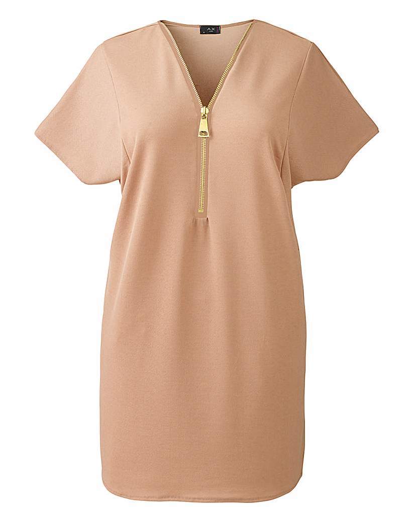 Ax Paris Zip Front Blouse - neckline: v-neck; pattern: plain; length: below the bottom; style: tunic; bust detail: buttons at bust (in middle at breastbone)/zip detail at bust; predominant colour: nude; occasions: evening, creative work; fibres: polyester/polyamide - 100%; fit: straight cut; sleeve length: short sleeve; sleeve style: standard; texture group: crepes; pattern type: fabric; season: a/w 2015