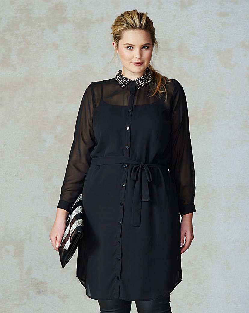 Ax Paris Beaded Collar Shirt - style: shirt; length: mid thigh; neckline: shirt collar/peter pan/zip with opening; fit: fitted at waist; pattern: plain; waist detail: belted waist/tie at waist/drawstring; secondary colour: silver; predominant colour: black; occasions: evening, creative work; fibres: polyester/polyamide - 100%; sleeve length: long sleeve; sleeve style: standard; texture group: sheer fabrics/chiffon/organza etc.; pattern type: fabric; embellishment: beading; season: a/w 2015