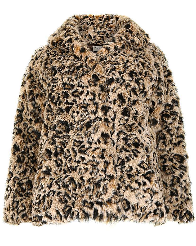 Sienna Couture Leopard Faux Fur Coat - length: standard; fit: loose; style: single breasted; predominant colour: camel; occasions: casual, creative work; fibres: polyester/polyamide - 100%; collar: shirt collar/peter pan/zip with opening; sleeve length: long sleeve; sleeve style: standard; texture group: fur; collar break: high; pattern type: fabric; pattern: animal print; pattern size: big & busy (top); season: a/w 2015