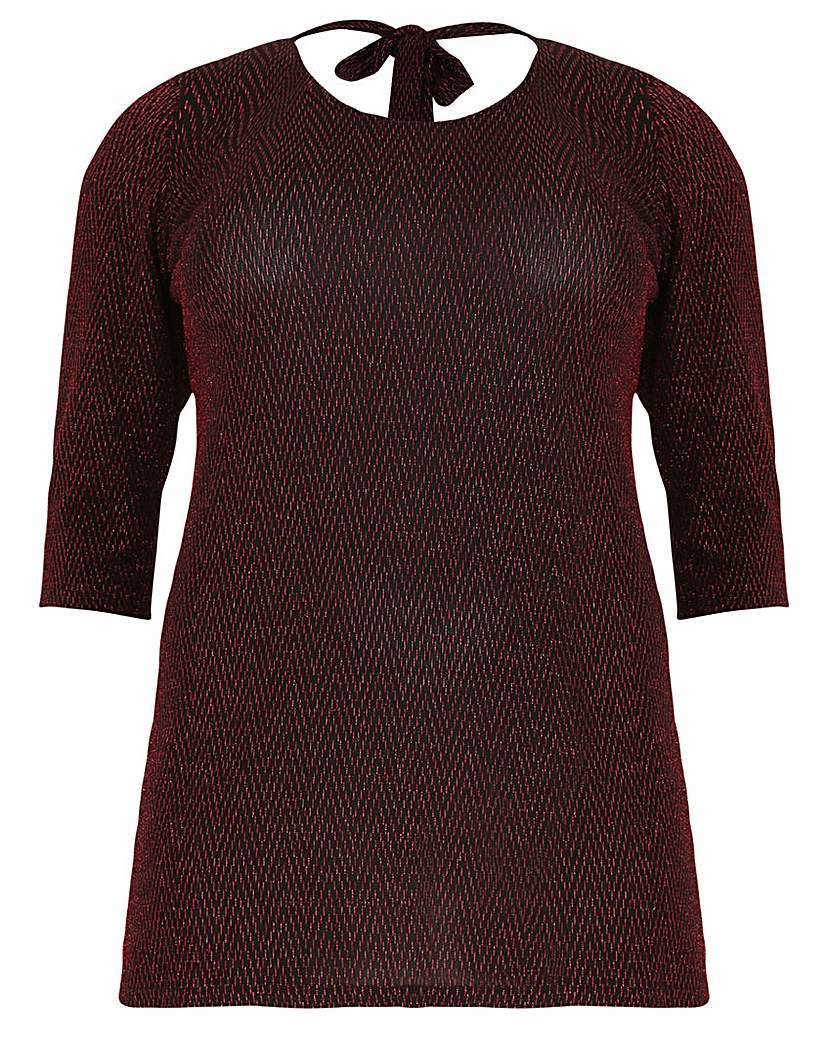 Sienna Couture Tie Back Glitter Top - pattern: plain; predominant colour: burgundy; occasions: casual; length: standard; style: top; fibres: polyester/polyamide - stretch; fit: body skimming; neckline: crew; sleeve length: short sleeve; sleeve style: standard; texture group: knits/crochet; pattern type: fabric; embellishment: glitter; season: a/w 2015