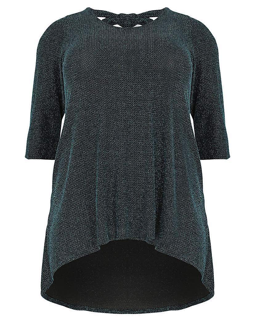 Sienna Couture Tie Back Glitter Top - pattern: plain; predominant colour: charcoal; occasions: casual; length: standard; style: top; fibres: polyester/polyamide - stretch; fit: body skimming; neckline: crew; sleeve length: half sleeve; sleeve style: standard; pattern type: fabric; texture group: jersey - stretchy/drapey; embellishment: glitter; season: a/w 2015