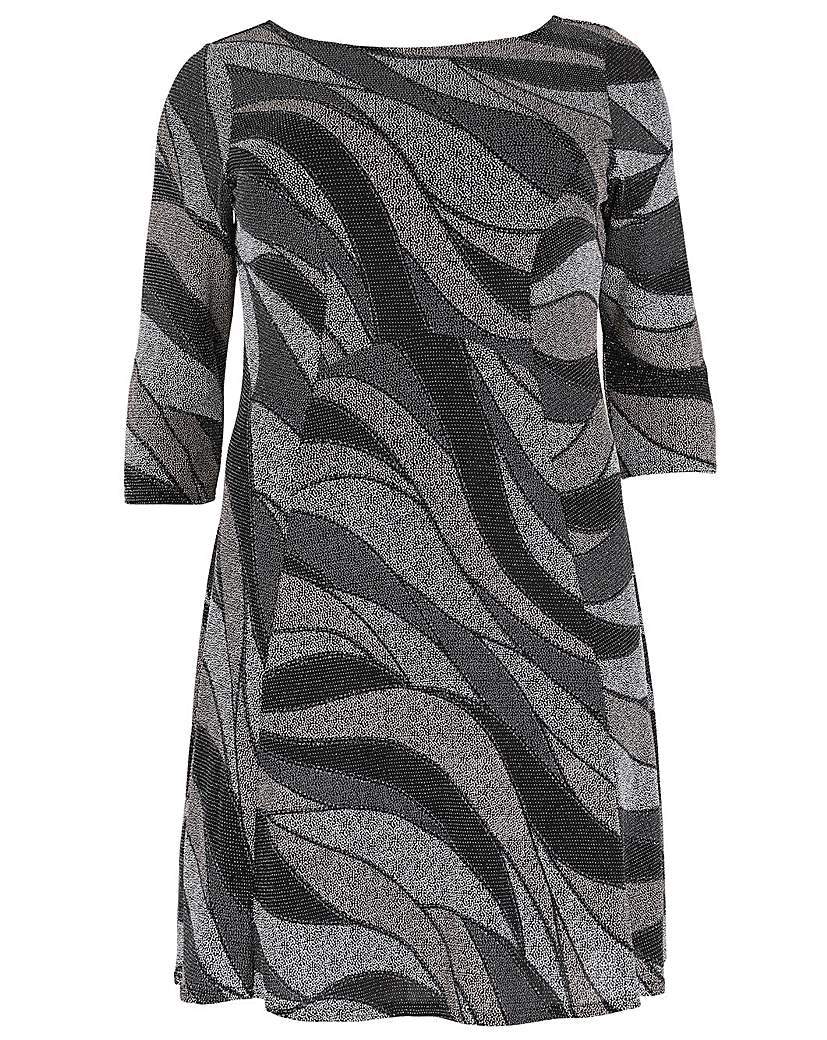 Amy K Glitter Shift Dress - style: tunic; length: mid thigh; neckline: slash/boat neckline; predominant colour: silver; secondary colour: charcoal; occasions: evening; fit: soft a-line; fibres: polyester/polyamide - stretch; sleeve length: half sleeve; sleeve style: standard; pattern type: fabric; pattern size: standard; pattern: patterned/print; texture group: jersey - stretchy/drapey; season: a/w 2015