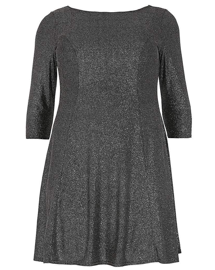 Amy K Glitter Shift Dress - style: tunic; length: mid thigh; neckline: slash/boat neckline; pattern: plain; secondary colour: silver; predominant colour: charcoal; occasions: evening; fit: body skimming; fibres: polyester/polyamide - stretch; sleeve length: 3/4 length; sleeve style: standard; pattern type: fabric; texture group: jersey - stretchy/drapey; embellishment: glitter; season: a/w 2015