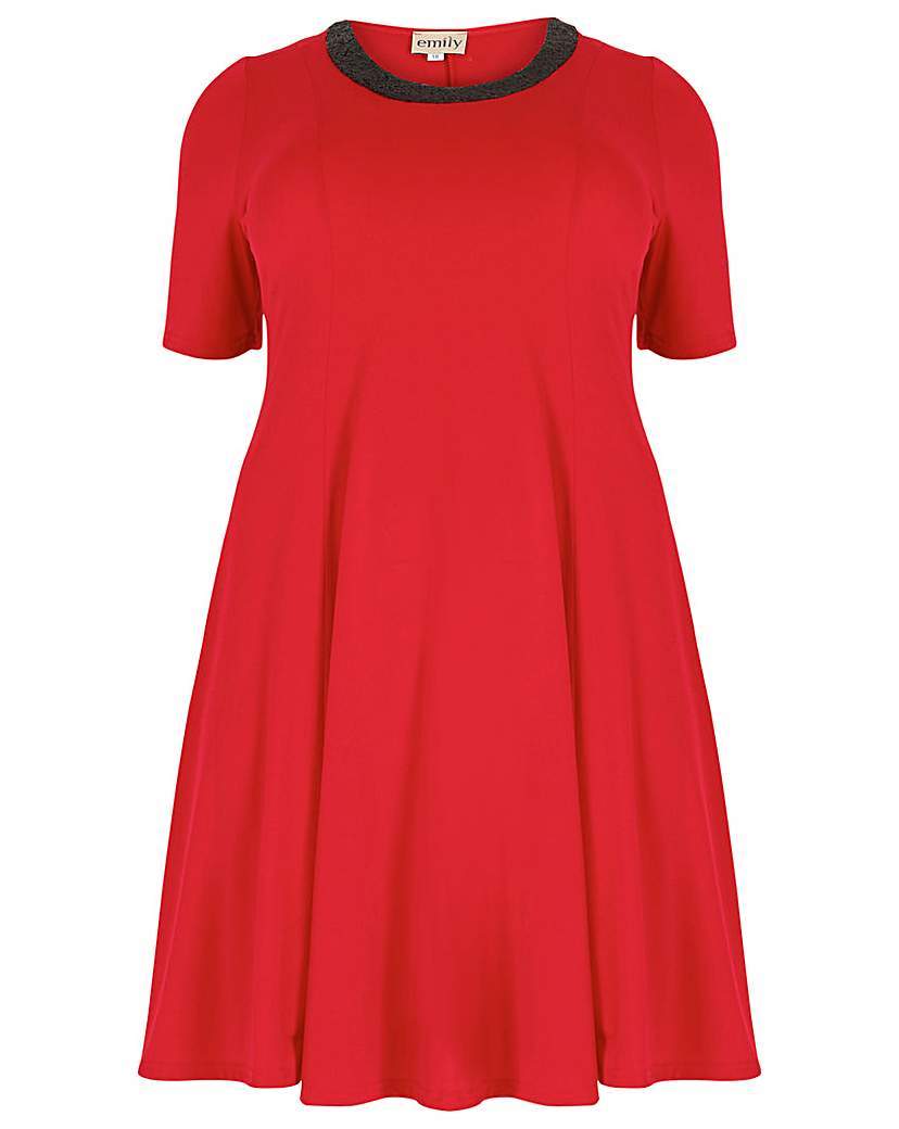 Emily Sequin Neck Fit & Flare Dress - length: mid thigh; predominant colour: true red; secondary colour: black; occasions: evening, occasion; fit: fitted at waist & bust; style: fit & flare; neckline: crew; sleeve length: short sleeve; sleeve style: standard; pattern type: fabric; pattern size: light/subtle; pattern: colourblock; texture group: jersey - stretchy/drapey; embellishment: sequins; season: a/w 2015