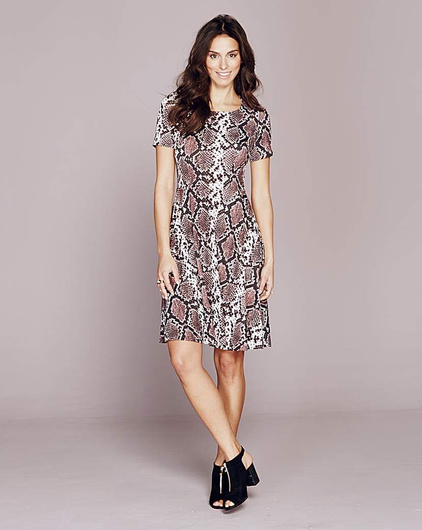 Printed Jersey Skater Dress - neckline: round neck; predominant colour: mid grey; secondary colour: black; occasions: casual; length: on the knee; fit: fitted at waist & bust; style: fit & flare; fibres: polyester/polyamide - stretch; sleeve length: short sleeve; sleeve style: standard; pattern type: fabric; pattern size: standard; pattern: animal print; texture group: jersey - stretchy/drapey; season: a/w 2015