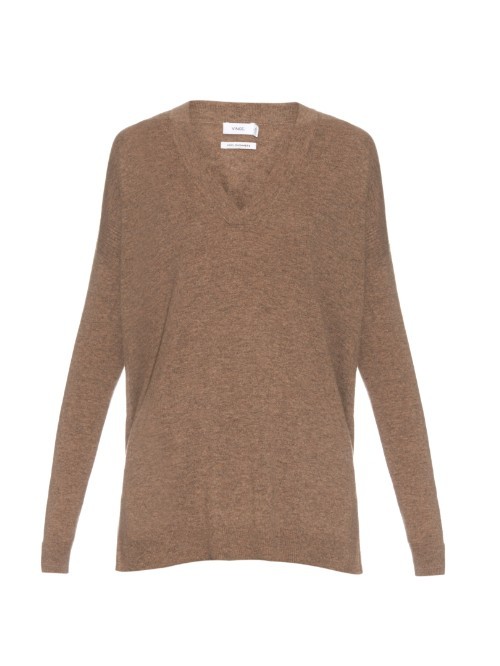 V Neck Ribbed Knit Cashmere Sweater - neckline: low v-neck; pattern: plain; length: below the bottom; predominant colour: tan; sleeve length: long sleeve; sleeve style: standard; pattern type: knitted - fine stitch; occasions: creative work; season: a/w 2015