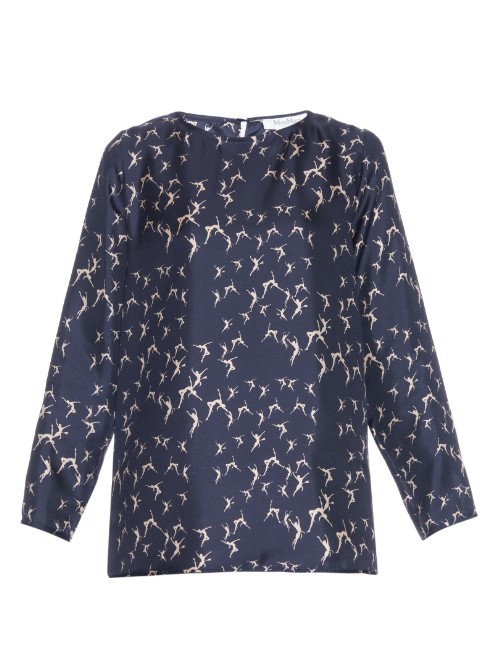 Maestro Top - style: blouse; secondary colour: white; predominant colour: navy; occasions: casual, creative work; length: standard; fibres: silk - 100%; fit: straight cut; neckline: crew; sleeve length: long sleeve; sleeve style: standard; pattern type: fabric; pattern size: standard; pattern: patterned/print; texture group: woven light midweight; season: a/w 2015