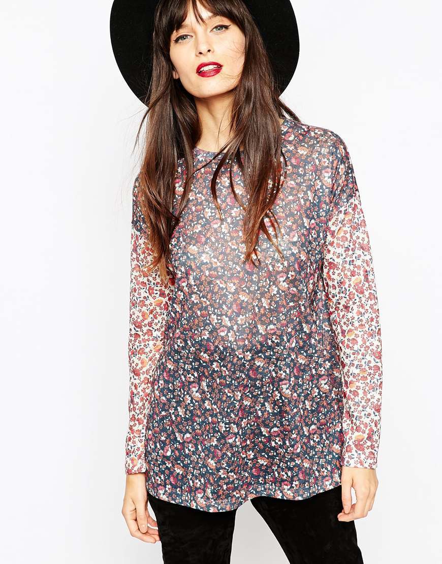 Ditsy Swing Top With Contrast Sleeves Multi - neckline: round neck; length: below the bottom; predominant colour: white; occasions: casual, creative work; style: top; fibres: polyester/polyamide - 100%; fit: body skimming; sleeve length: long sleeve; sleeve style: standard; texture group: sheer fabrics/chiffon/organza etc.; pattern type: fabric; pattern: patterned/print; pattern size: big & busy (top); multicoloured: multicoloured; season: a/w 2015