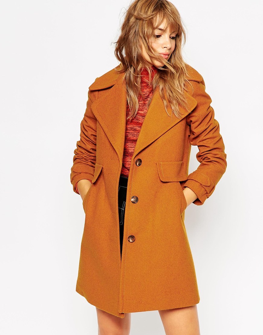 Coat With 70s Collar Tan - pattern: plain; collar: wide lapels; style: single breasted; length: mid thigh; predominant colour: tan; occasions: casual, work, creative work; fit: tailored/fitted; fibres: wool - mix; sleeve length: long sleeve; sleeve style: standard; collar break: medium; pattern type: fabric; texture group: woven bulky/heavy; season: a/w 2015; trends: folky 70s