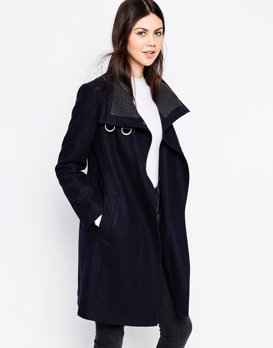 Coat With Funnel Neck And Rib Detail Navy And Grey - pattern: plain; collar: funnel; fit: loose; style: single breasted; length: mid thigh; predominant colour: navy; occasions: casual, creative work; fibres: wool - mix; sleeve length: long sleeve; sleeve style: standard; collar break: high; pattern type: fabric; texture group: woven bulky/heavy; season: a/w 2015