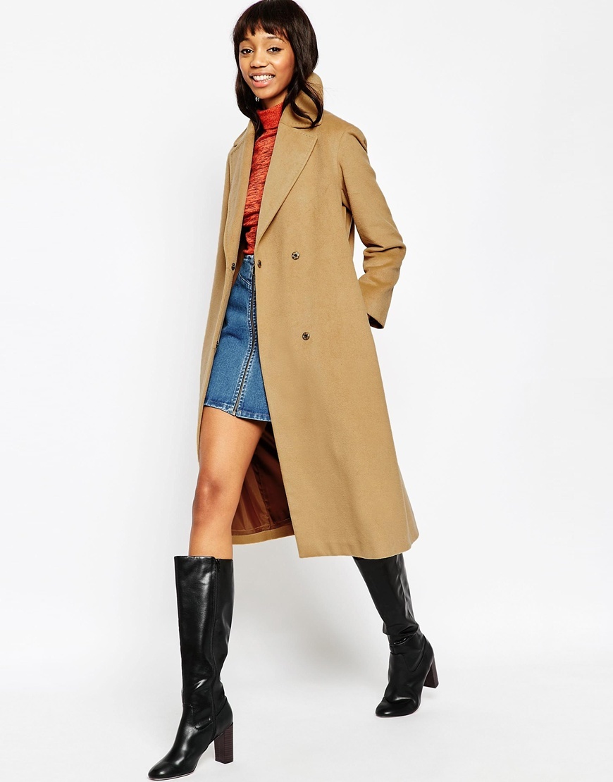 Coat In Midi With Stab Stitch Detail Camel - pattern: plain; style: wrap around; collar: standard lapel/rever collar; predominant colour: camel; occasions: casual, creative work; fit: straight cut (boxy); fibres: wool - mix; length: below the knee; sleeve length: long sleeve; sleeve style: standard; collar break: low/open; pattern type: fabric; texture group: woven bulky/heavy; season: a/w 2015