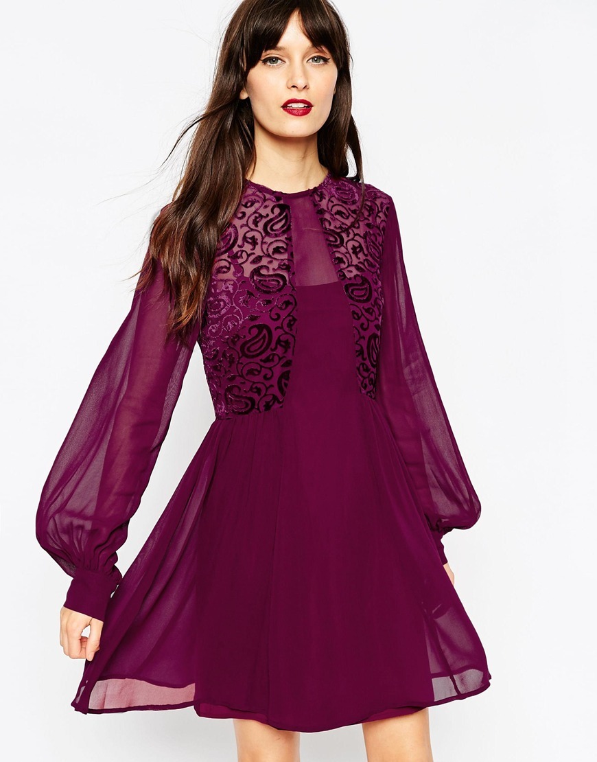 Velvet Burnout Bell Sleeve Skater Dress Purple - predominant colour: aubergine; season: a/w 2015