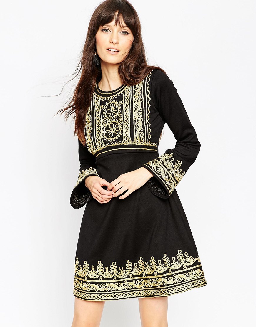 Premium Empire Mini Dress With Gold Cording Black - length: mid thigh; pattern: plain; predominant colour: gold; secondary colour: black; occasions: evening; fit: fitted at waist & bust; style: fit & flare; fibres: polyester/polyamide - stretch; neckline: crew; sleeve length: long sleeve; sleeve style: standard; pattern type: fabric; texture group: jersey - stretchy/drapey; embellishment: applique; multicoloured: multicoloured; season: a/w 2015