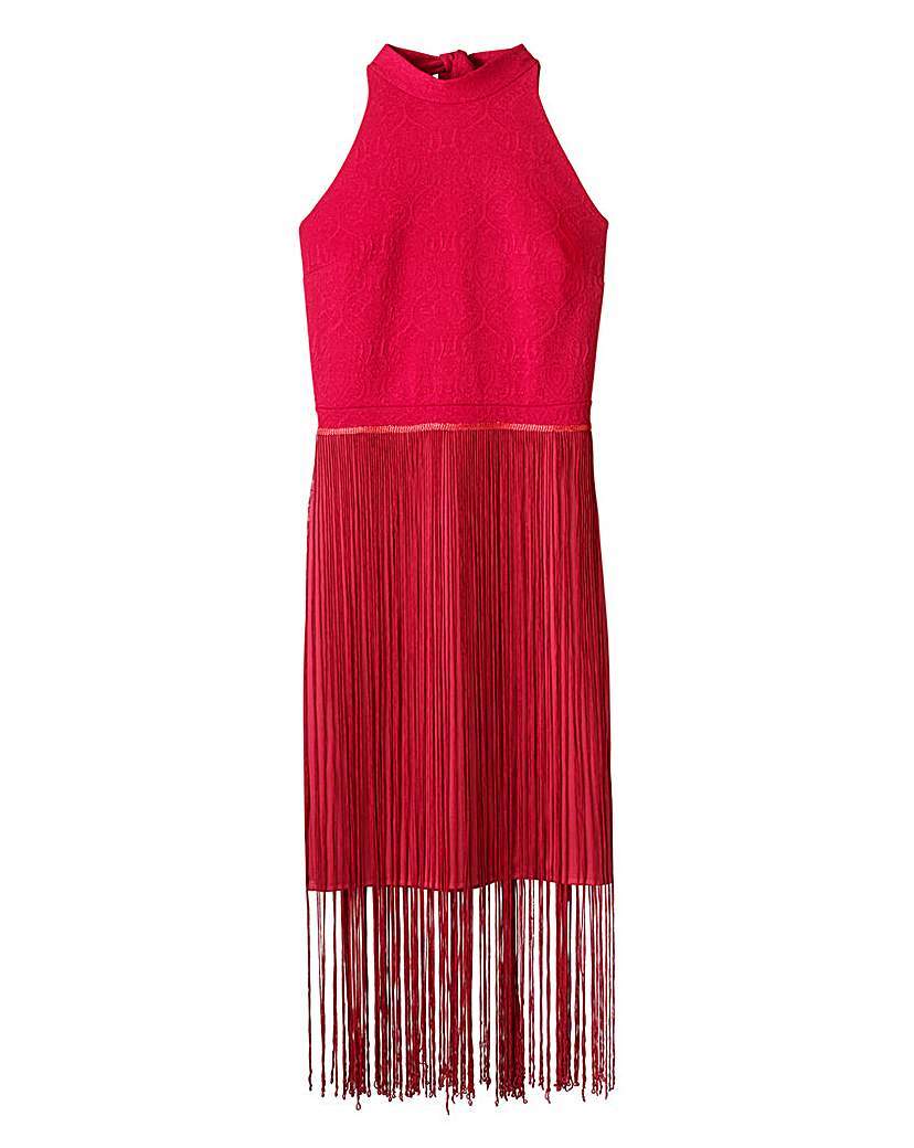 Fringed High Neck Halter Dress - style: shift; length: mini; fit: tailored/fitted; pattern: plain; sleeve style: sleeveless; neckline: high neck; occasions: evening, occasion; fibres: polyester/polyamide - 100%; hip detail: added detail/embellishment at hip; sleeve length: sleeveless; texture group: crepes; pattern type: fabric; embellishment: fringing; predominant colour: raspberry; season: a/w 2015