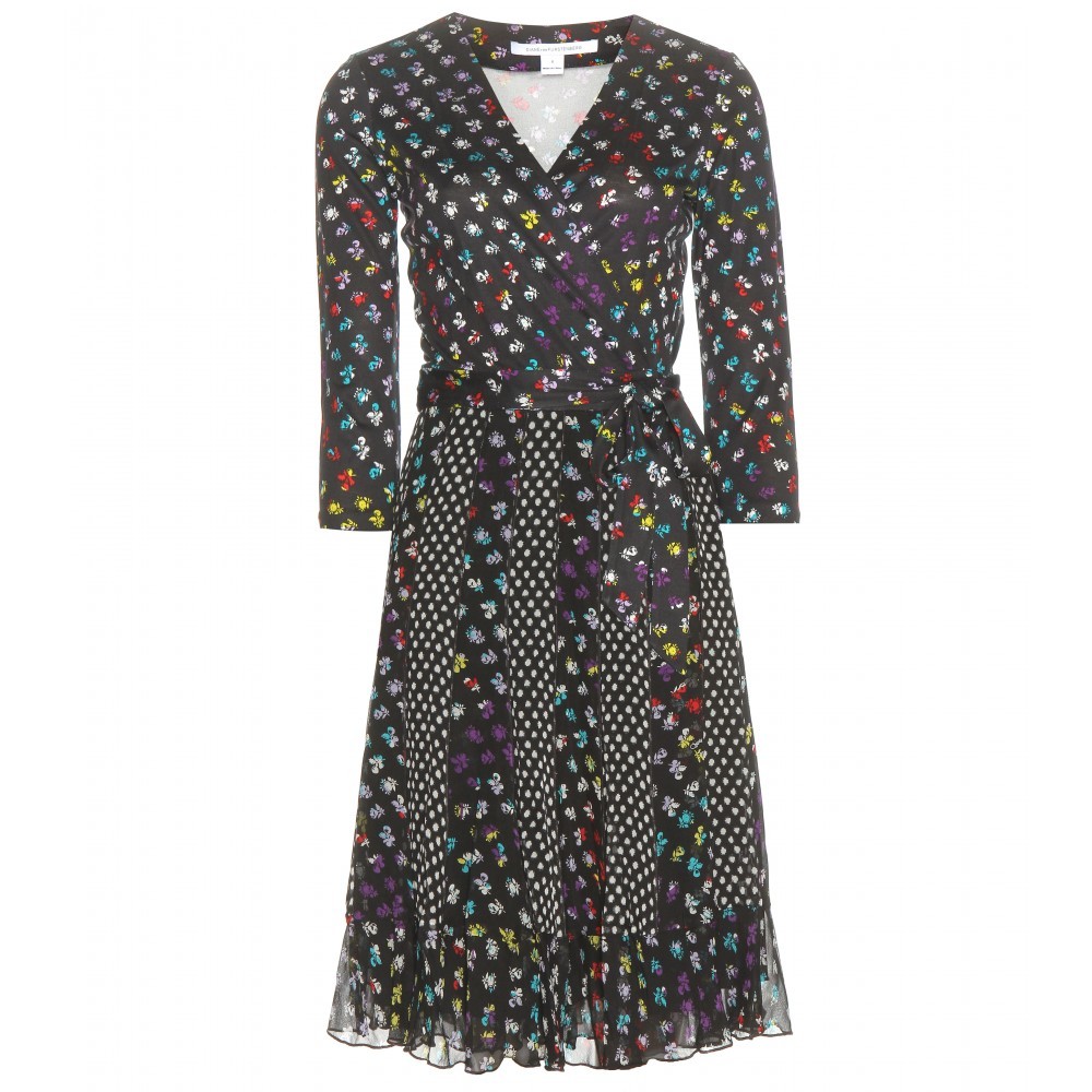 Caprice Printed Silk Wrap Dress - style: faux wrap/wrap; neckline: v-neck; waist detail: belted waist/tie at waist/drawstring; secondary colour: true red; predominant colour: black; length: just above the knee; fit: body skimming; fibres: silk - 100%; sleeve length: 3/4 length; sleeve style: standard; texture group: sheer fabrics/chiffon/organza etc.; pattern type: fabric; pattern size: standard; pattern: florals; occasions: creative work; multicoloured: multicoloured; season: a/w 2015