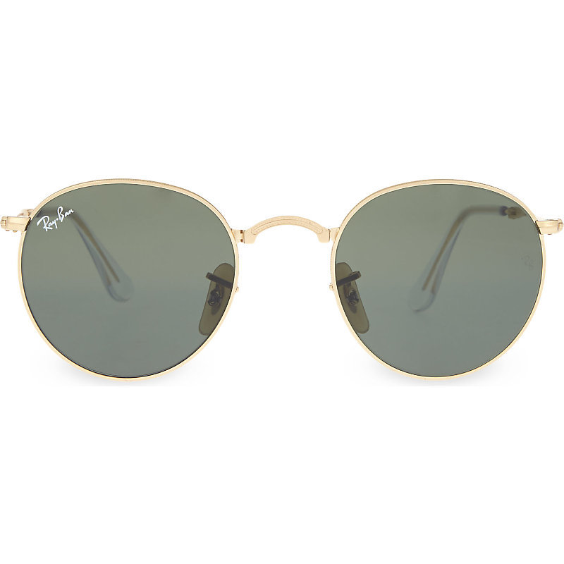 Rb3532 Fold Up Gold Toned Round Sunglasses, Women's, Gold - predominant colour: gold; occasions: casual, holiday; style: round; size: standard; material: chain/metal; pattern: plain; finish: metallic; season: a/w 2015
