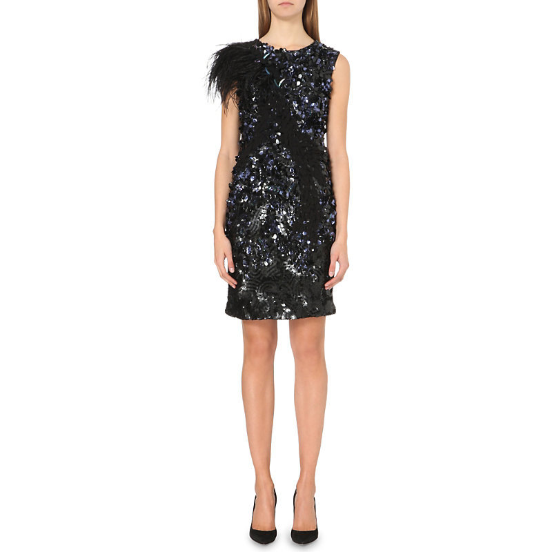 Raven Sequinned Dress, Women's, Black - style: shift; pattern: plain; sleeve style: sleeveless; predominant colour: black; occasions: evening; length: just above the knee; fit: body skimming; neckline: crew; shoulder detail: added shoulder detail; sleeve length: sleeveless; pattern type: fabric; pattern size: standard; texture group: woven light midweight; embellishment: sequins; season: a/w 2015