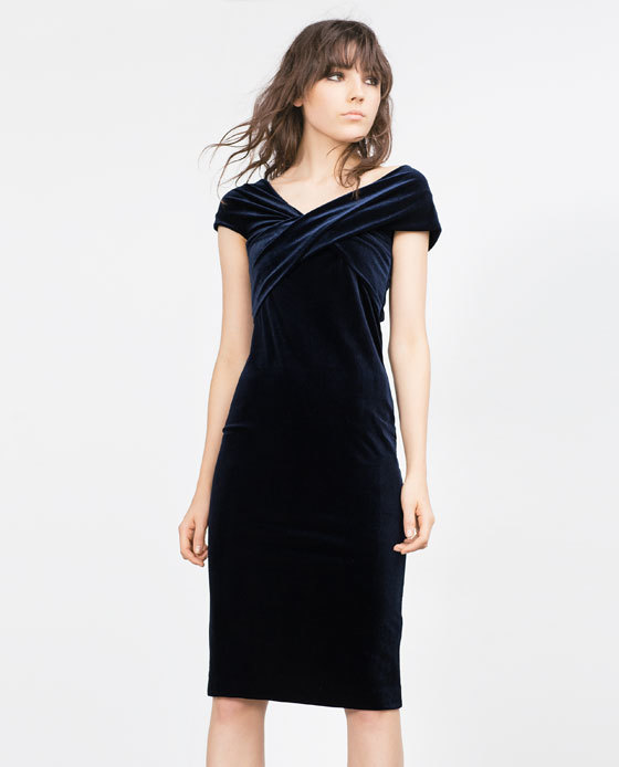 Velvet Dress - style: shift; length: below the knee; neckline: v-neck; sleeve style: capped; pattern: plain; predominant colour: navy; occasions: evening, occasion; fit: body skimming; fibres: polyester/polyamide - 100%; sleeve length: short sleeve; pattern type: fabric; texture group: velvet/fabrics with pile; season: a/w 2015; trends: romantic goth; wardrobe: event