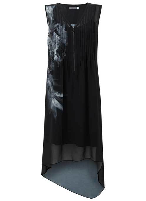 Hayley Print Asymmetric Dress - neckline: round neck; sleeve style: sleeveless; secondary colour: light grey; predominant colour: black; occasions: evening, occasion; length: just above the knee; fit: soft a-line; style: asymmetric (hem); fibres: polyester/polyamide - 100%; sleeve length: sleeveless; texture group: crepes; pattern type: fabric; pattern size: big & busy; pattern: patterned/print; season: a/w 2015