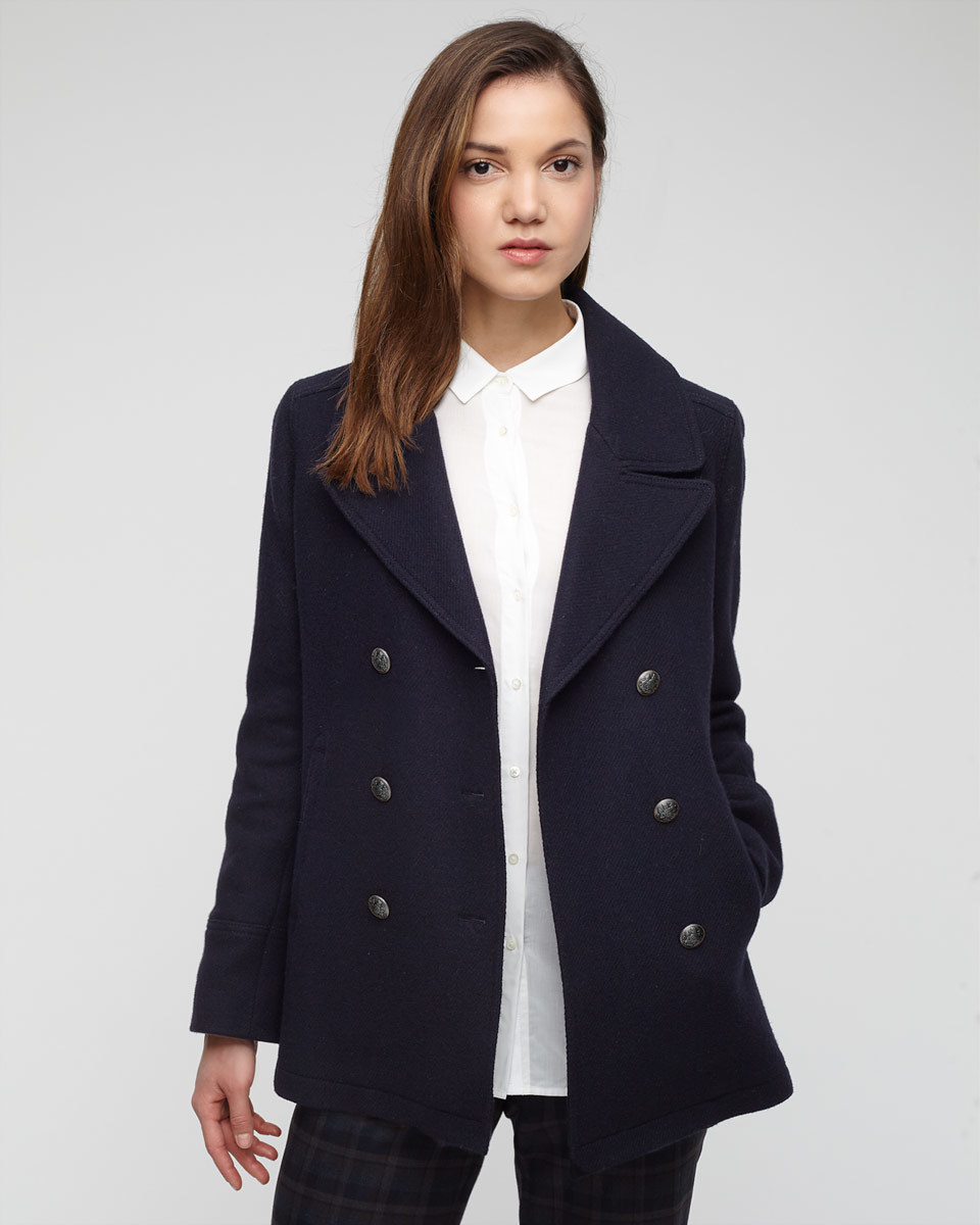 Wool Pea Coat - pattern: plain; length: below the bottom; style: pea coat; collar: standard lapel/rever collar; predominant colour: navy; occasions: casual, creative work; fit: tailored/fitted; fibres: wool - mix; sleeve length: long sleeve; sleeve style: standard; collar break: medium; pattern type: fabric; texture group: woven bulky/heavy; season: a/w 2015