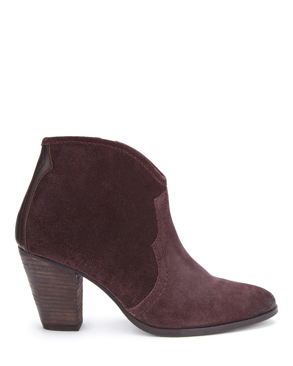 Cara Ankle Boot - predominant colour: aubergine; occasions: casual, creative work; material: suede; heel height: high; heel: block; toe: pointed toe; boot length: ankle boot; style: biker boot; finish: plain; pattern: plain; season: a/w 2015