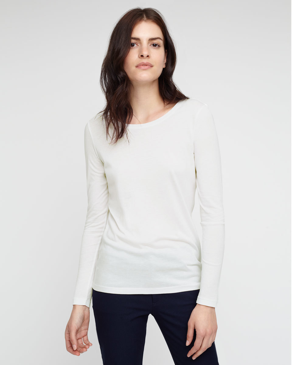 Pima Cotton Long Sleeve T Shirt - neckline: slash/boat neckline; pattern: plain; style: t-shirt; predominant colour: ivory/cream; occasions: casual; length: standard; fibres: cotton - 100%; fit: body skimming; sleeve length: long sleeve; sleeve style: standard; texture group: jersey - clingy; pattern type: fabric; season: a/w 2015