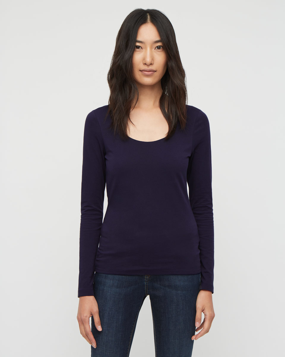 Double Front Scoop T Shirt - pattern: plain; predominant colour: navy; occasions: casual, work, creative work; length: standard; style: top; neckline: scoop; fit: straight cut; sleeve length: long sleeve; sleeve style: standard; pattern type: fabric; texture group: jersey - stretchy/drapey; season: a/w 2015