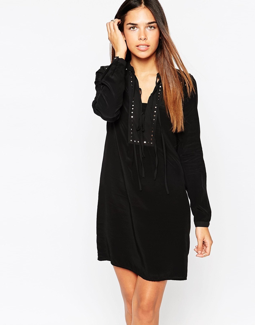 Stud Tie Front Dress Black - style: tunic; length: mid thigh; neckline: v-neck; fit: loose; pattern: plain; bust detail: added detail/embellishment at bust; secondary colour: silver; predominant colour: black; occasions: evening; fibres: polyester/polyamide - 100%; sleeve length: long sleeve; sleeve style: standard; texture group: crepes; pattern type: fabric; embellishment: studs; season: a/w 2015