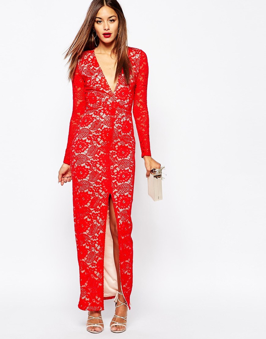 Lace Split Detail Maxi Dress Red - neckline: low v-neck; style: maxi dress; length: ankle length; predominant colour: true red; fit: body skimming; fibres: polyester/polyamide - 100%; occasions: occasion; hip detail: slits at hip; sleeve length: long sleeve; sleeve style: standard; texture group: lace; pattern type: fabric; pattern: patterned/print; embellishment: lace; season: a/w 2015